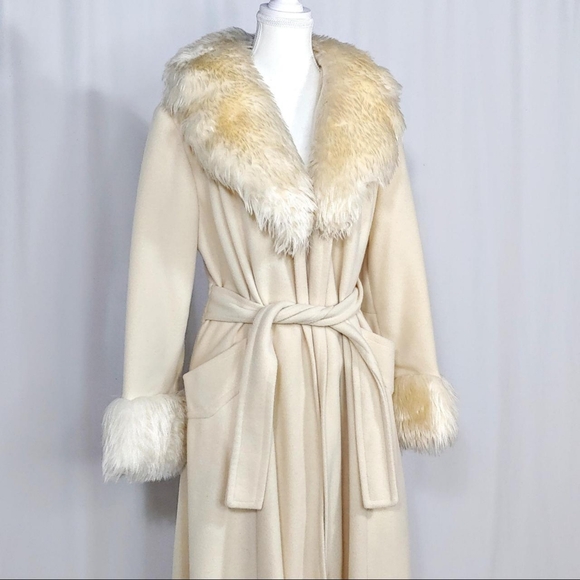 70s vintage faux fur trim belted duster coat - Picture 1 of 8